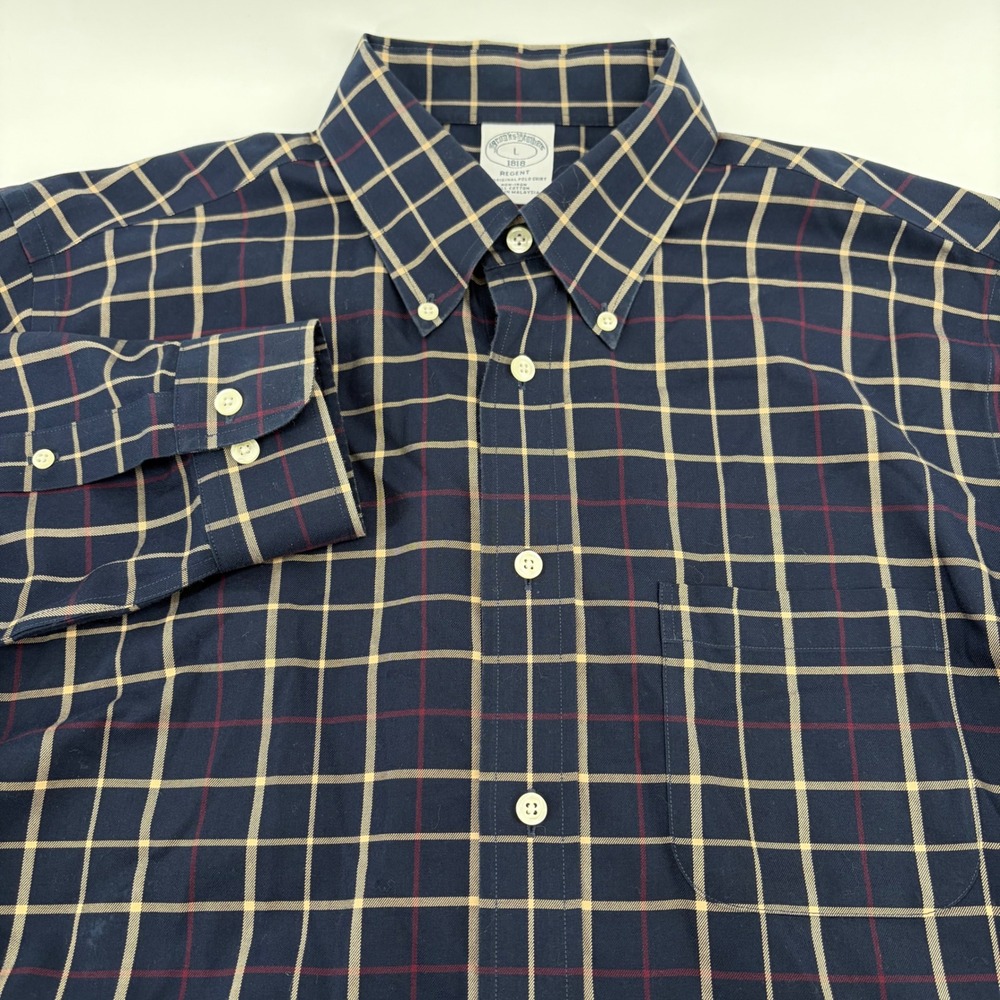 Brooks Brothers Regent Navy Blue Windowpane Plaid Non-Iron Cotton Shirt Mens L